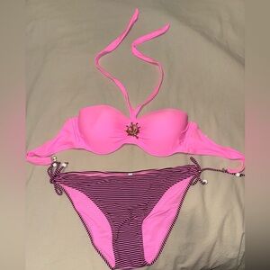 Pink Swimsuit with Striped Bottoms